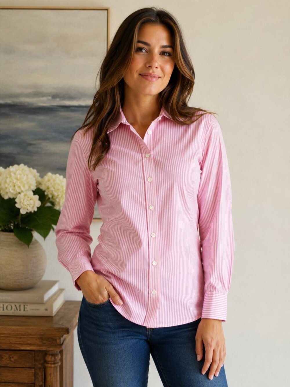 J. Crew Haberdashery Refined Stretch Pink White Stripe Button Down Shirt Small